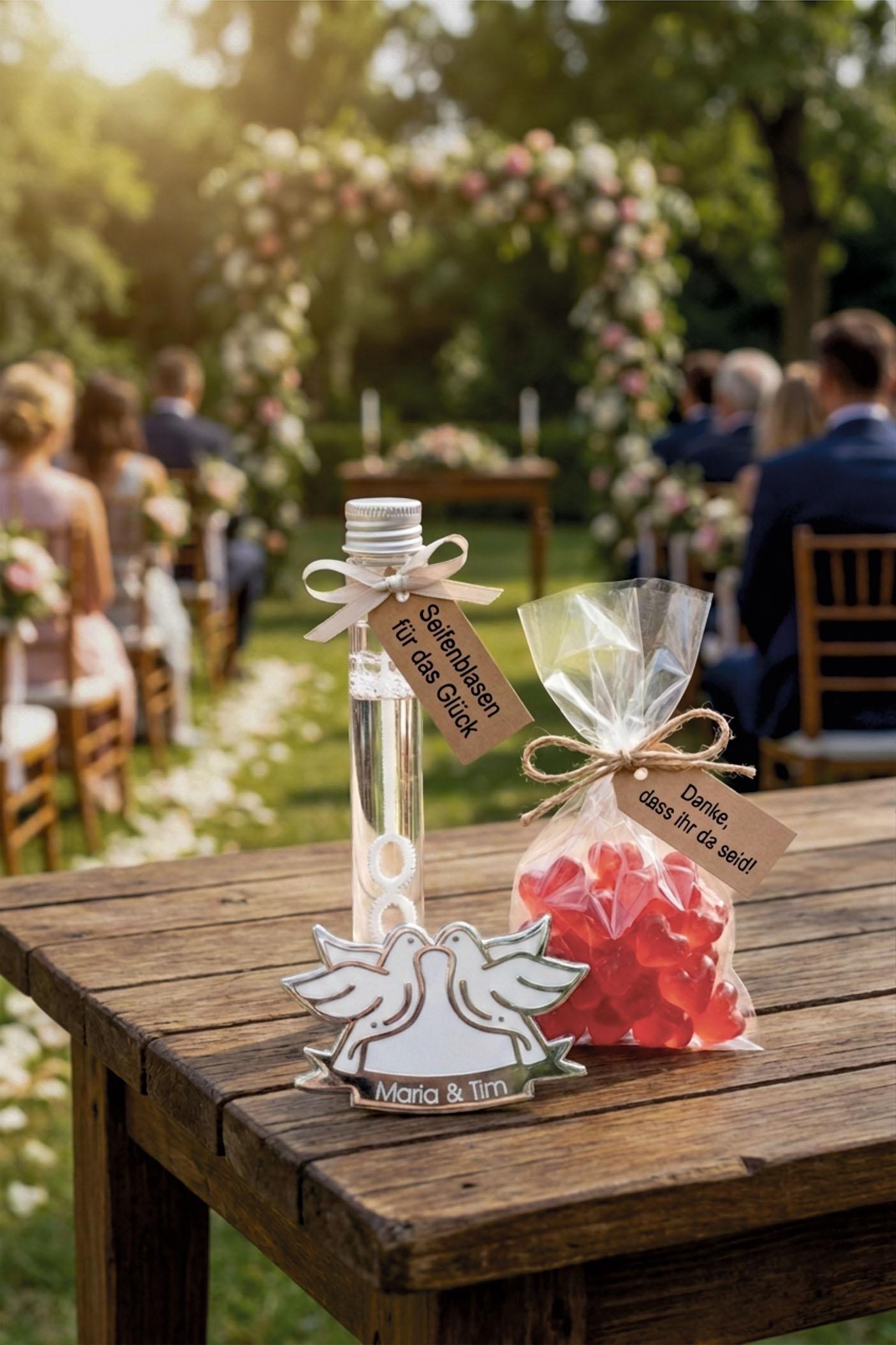 Individuelle Hochzeitspins als Gastgeschenke bei einer Feier im Freien