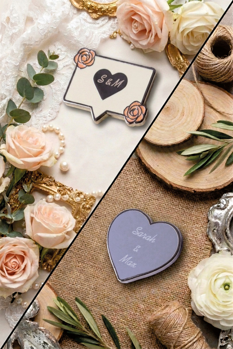 Individuelle Hochzeitspins passend zu unterschiedlichen Hochzeitsthemen und persönlichen Stilen